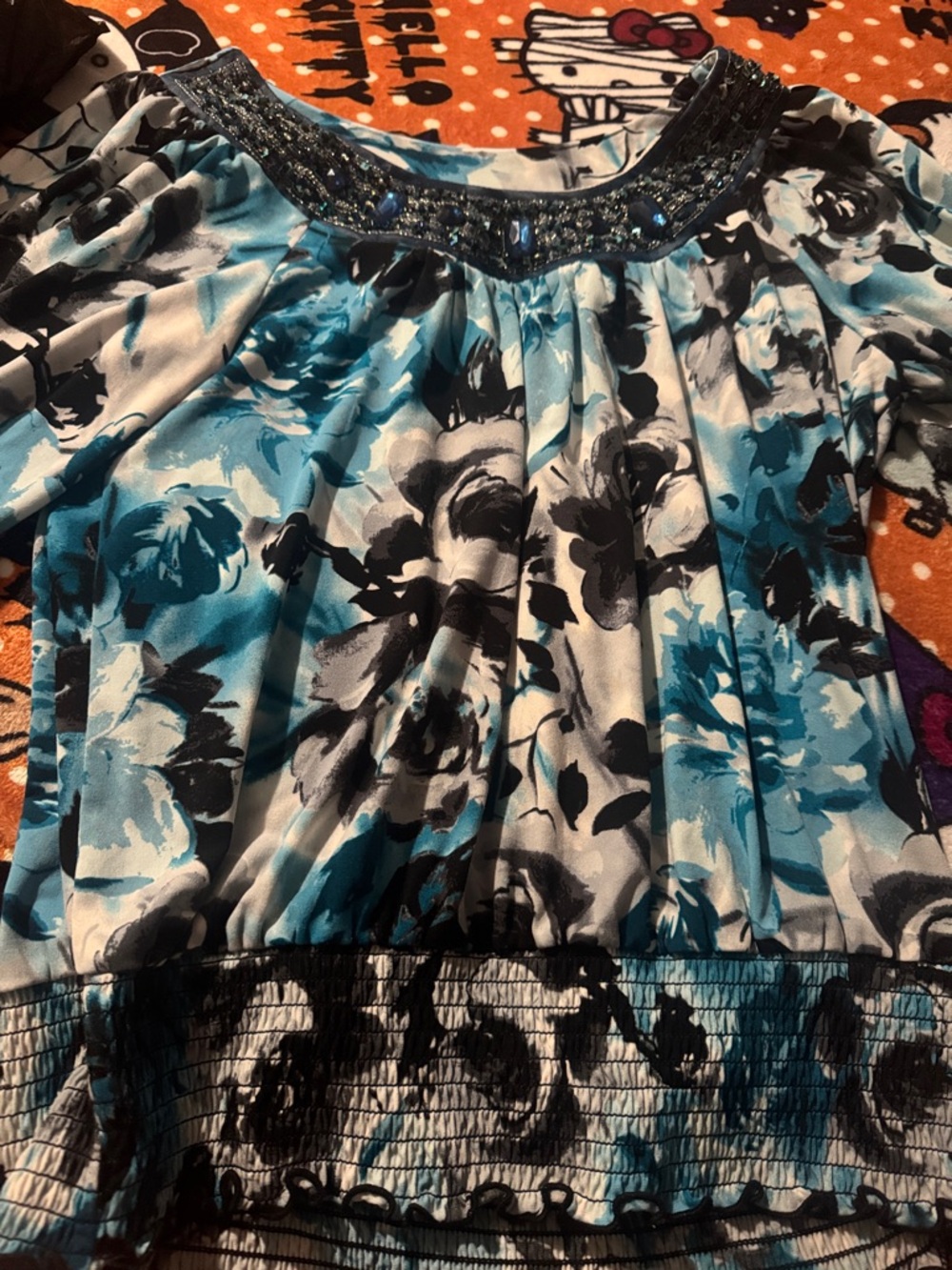 dressbarn Blue and Black Floral Beaded Neck Top